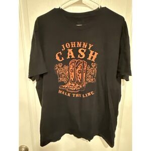 Johnny Cash Walk the Line Graphic T-Shirt Mens 2X Black Cotton Cowboy Boots Tee